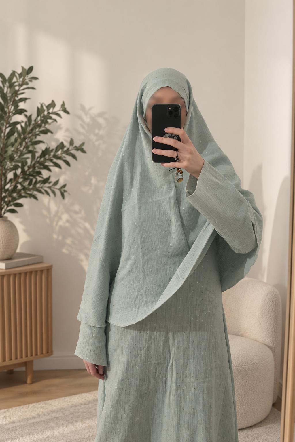 Ensemble abaya & khimar en gaze de coton vert d’eau avec touche de doré ✨